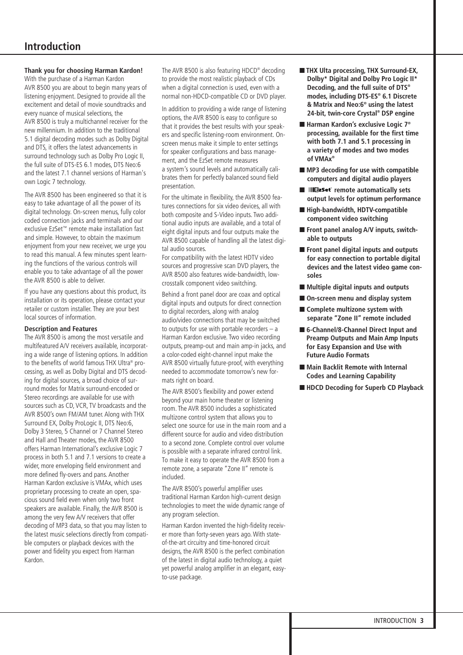 Introduction | Harman-Kardon AVR 8500 User Manual | Page 3 / 54