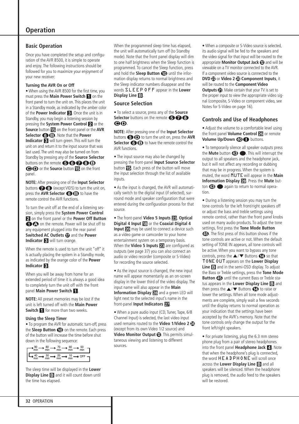 Operation, Basic operation, Source selection | Controls and use of headphones | Harman-Kardon AVR 8500 User Manual | Page 32 / 54