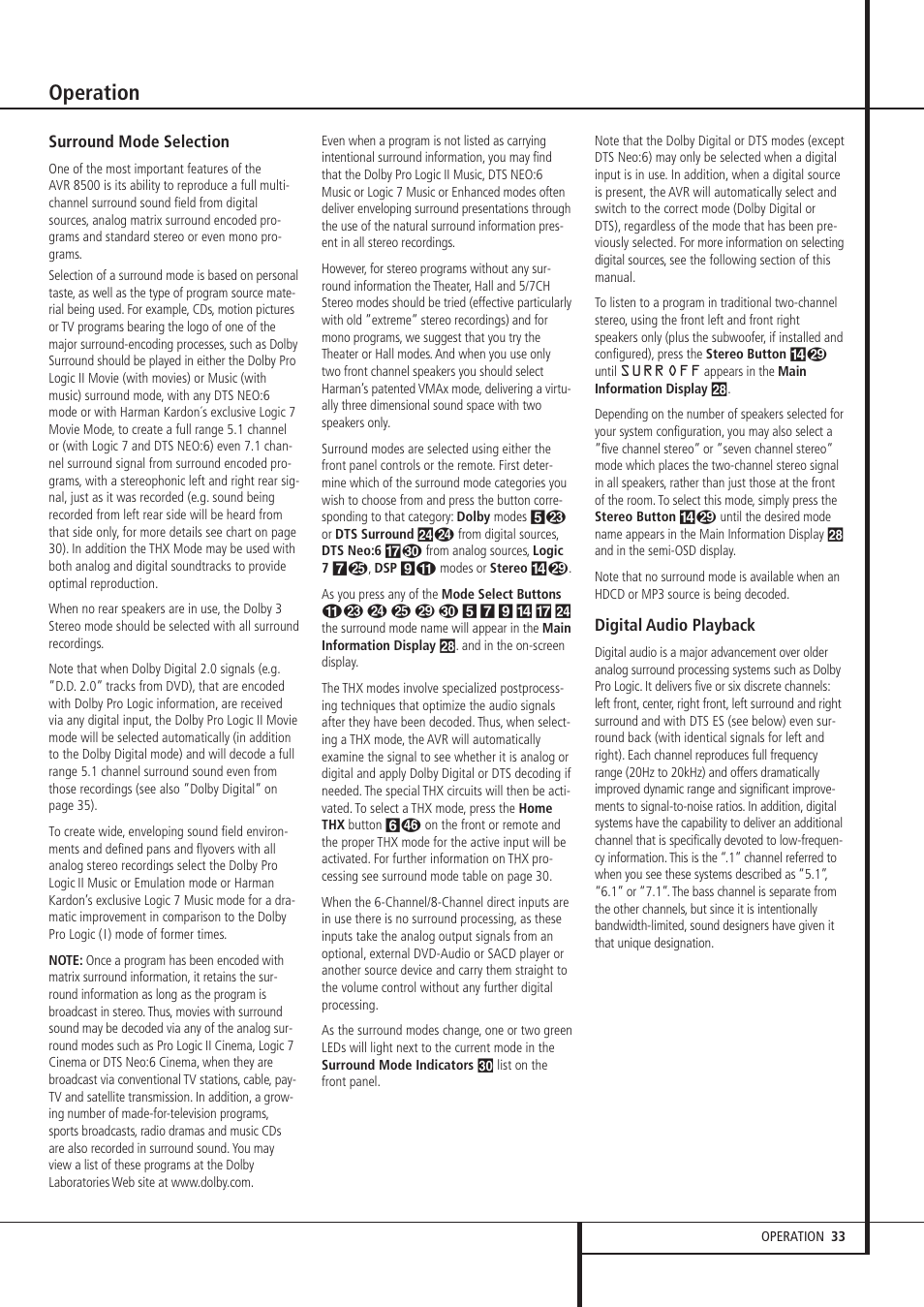 Operation | Harman-Kardon AVR 8500 User Manual | Page 33 / 54