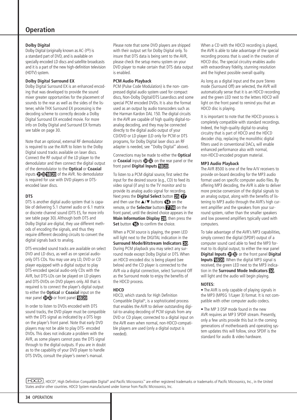 Operation | Harman-Kardon AVR 8500 User Manual | Page 34 / 54