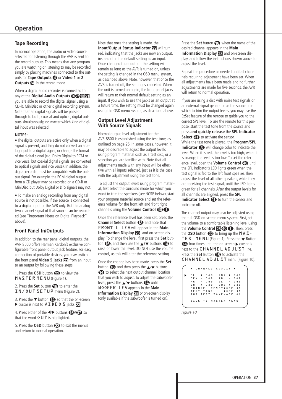 Operation, Tape recording, Front panel in/outputs | Output level adjustment with source signals | Harman-Kardon AVR 8500 User Manual | Page 37 / 54
