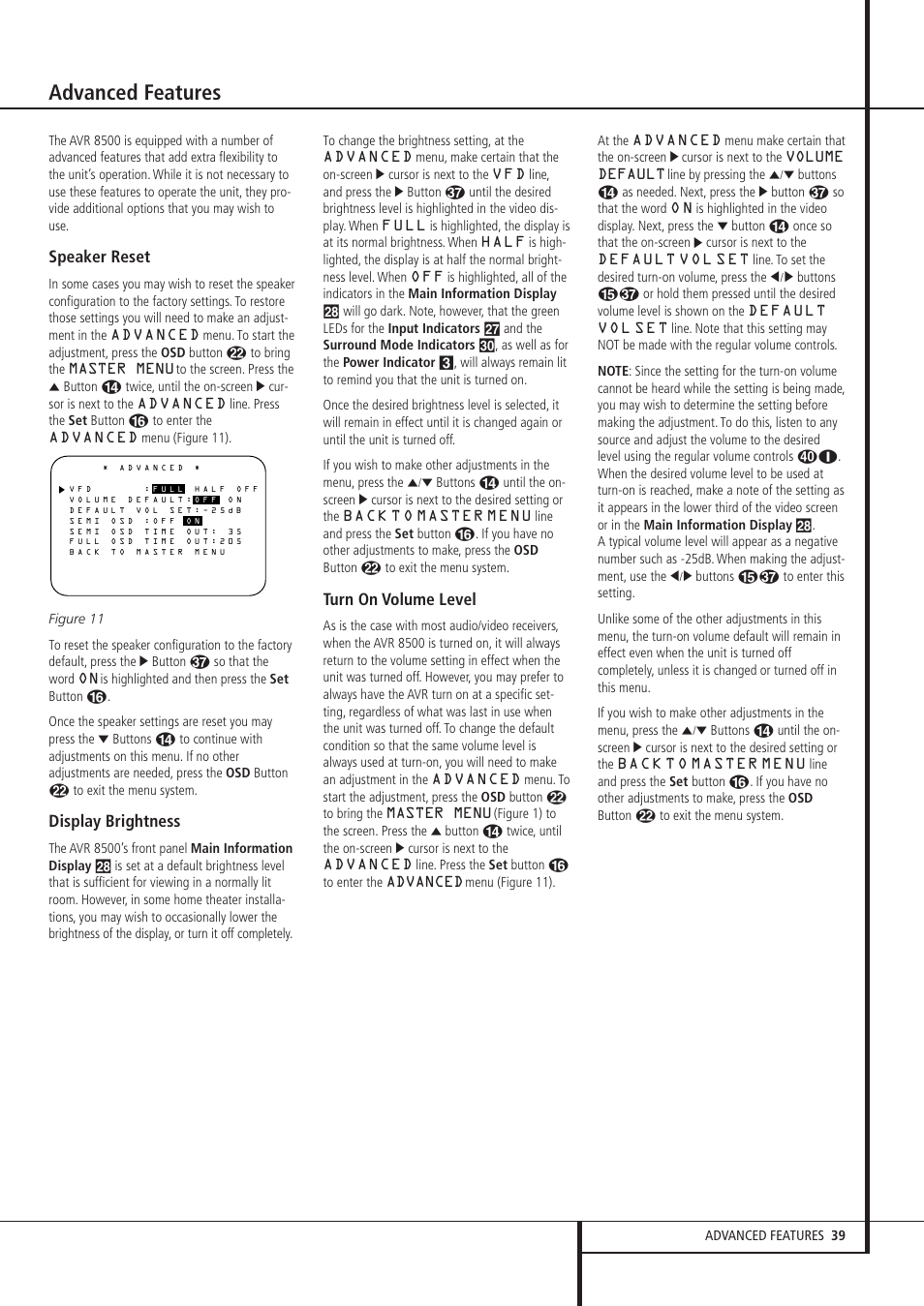 Advanced features, Speaker reset, Display brightness | Turn on volume level | Harman-Kardon AVR 8500 User Manual | Page 39 / 54