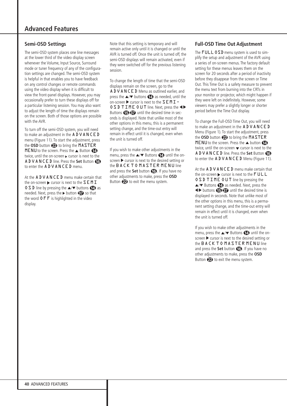 Advanced features, Semi-osd settings, Full-osd time out adjustment | Harman-Kardon AVR 8500 User Manual | Page 40 / 54