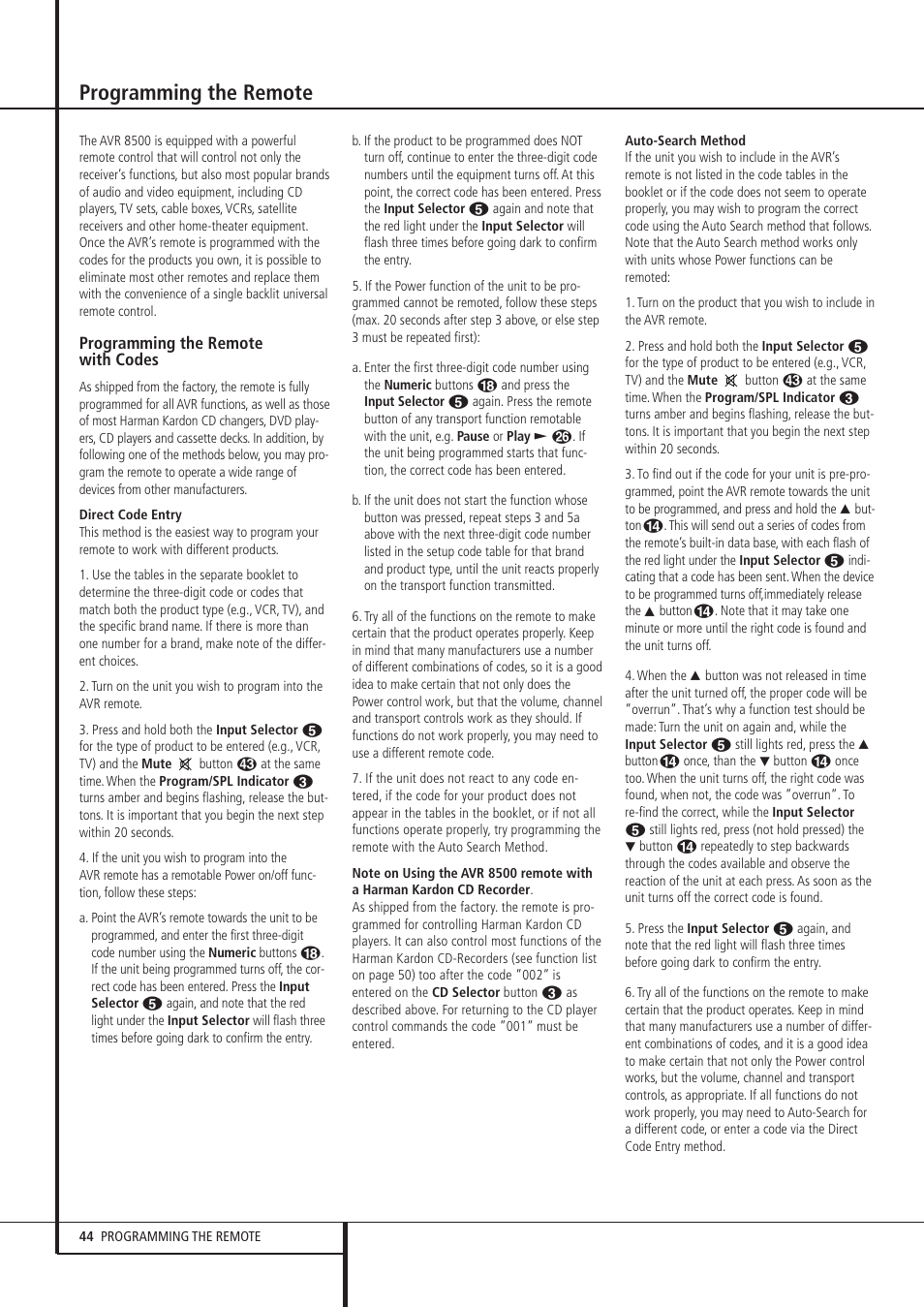 Programming the remote | Harman-Kardon AVR 8500 User Manual | Page 44 / 54