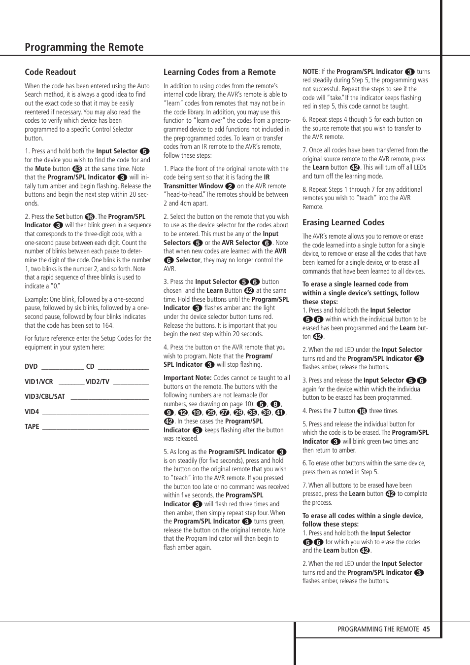 Programming the remote | Harman-Kardon AVR 8500 User Manual | Page 45 / 54