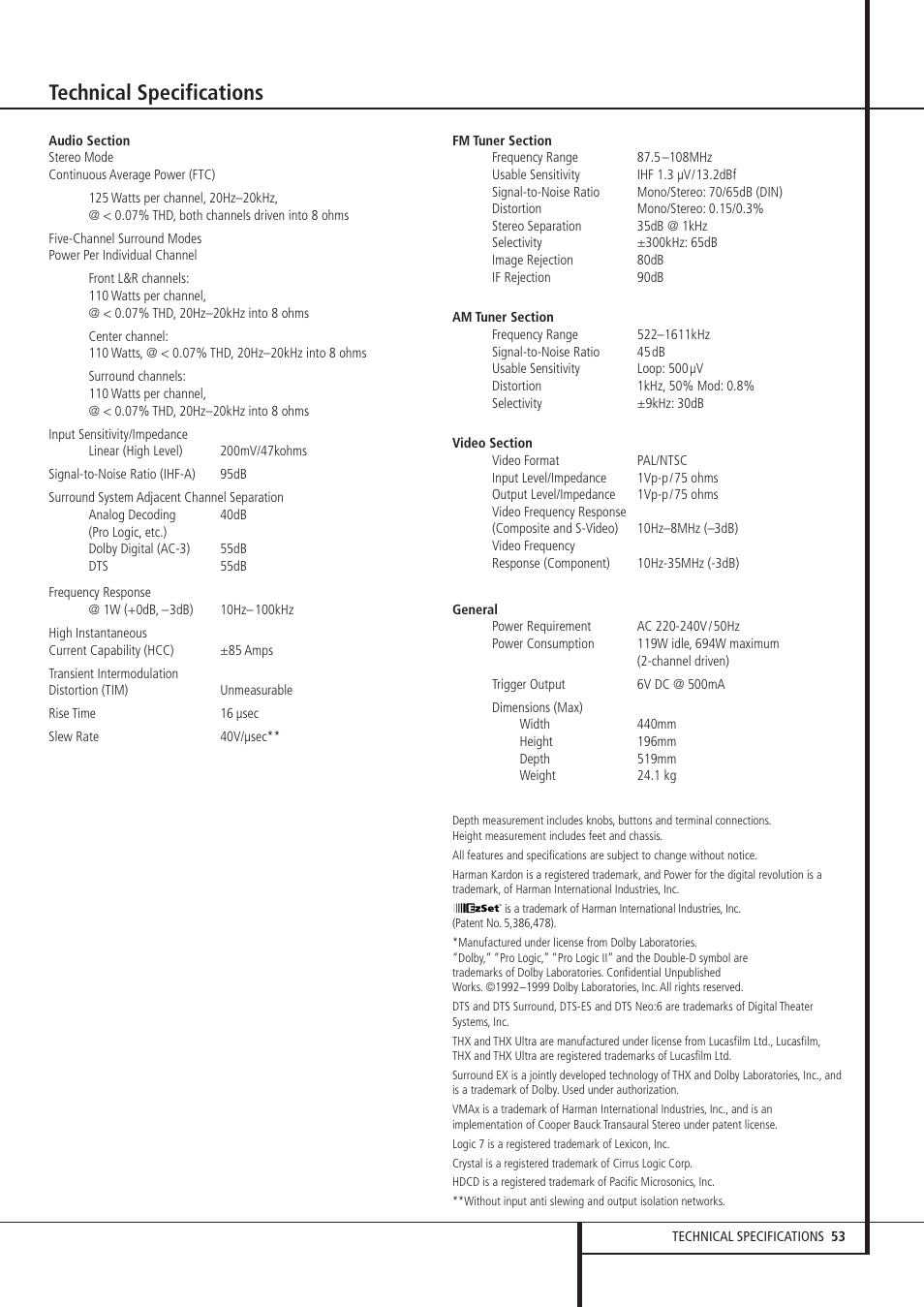 Technical specifications | Harman-Kardon AVR 8500 User Manual | Page 53 / 54