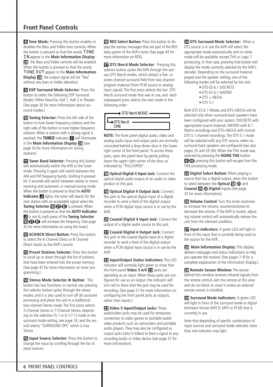 Front panel controls | Harman-Kardon AVR 8500 User Manual | Page 6 / 54