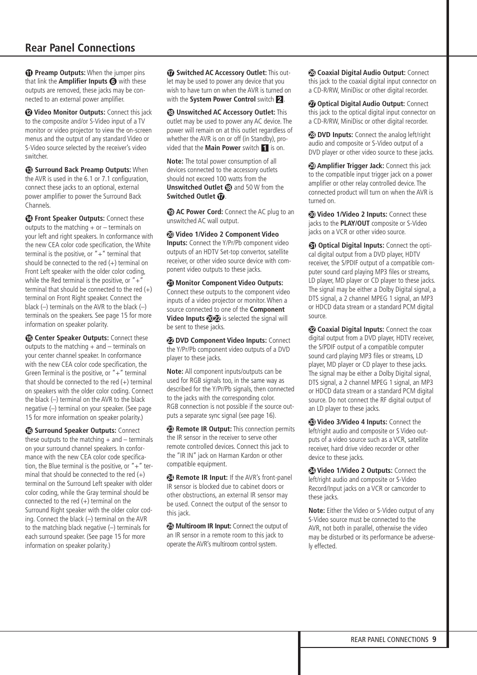 Rear panel connections | Harman-Kardon AVR 8500 User Manual | Page 9 / 54
