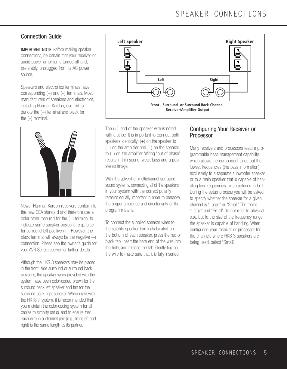 Speaker connections, Connection guide, Configuring your receiver or processor | Harman-Kardon HKS 3 User Manual | Page 5 / 8