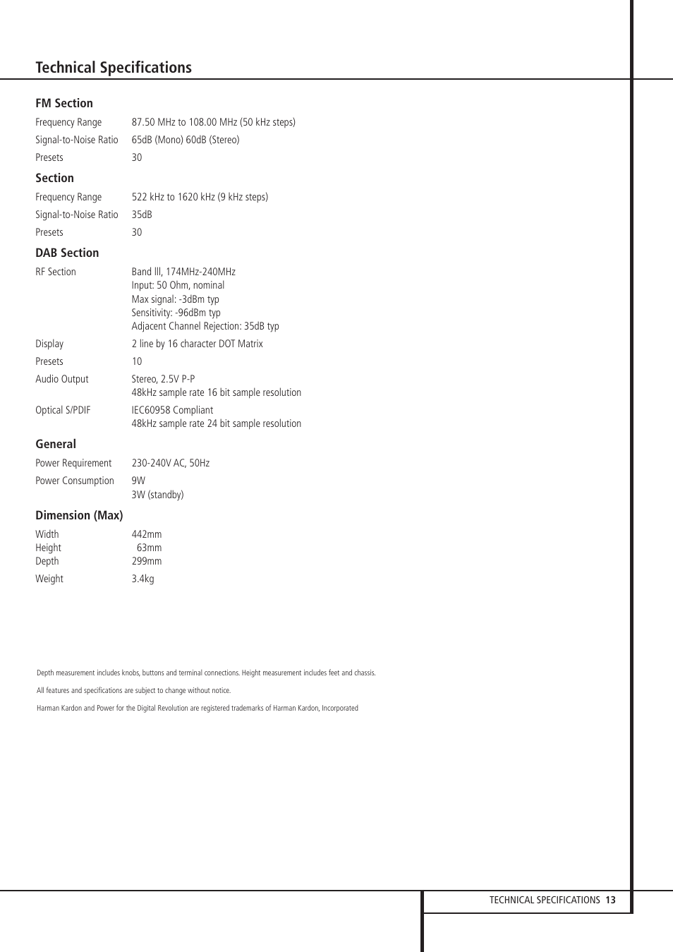Technical specifications | Harman-Kardon TU 970 User Manual | Page 13 / 14