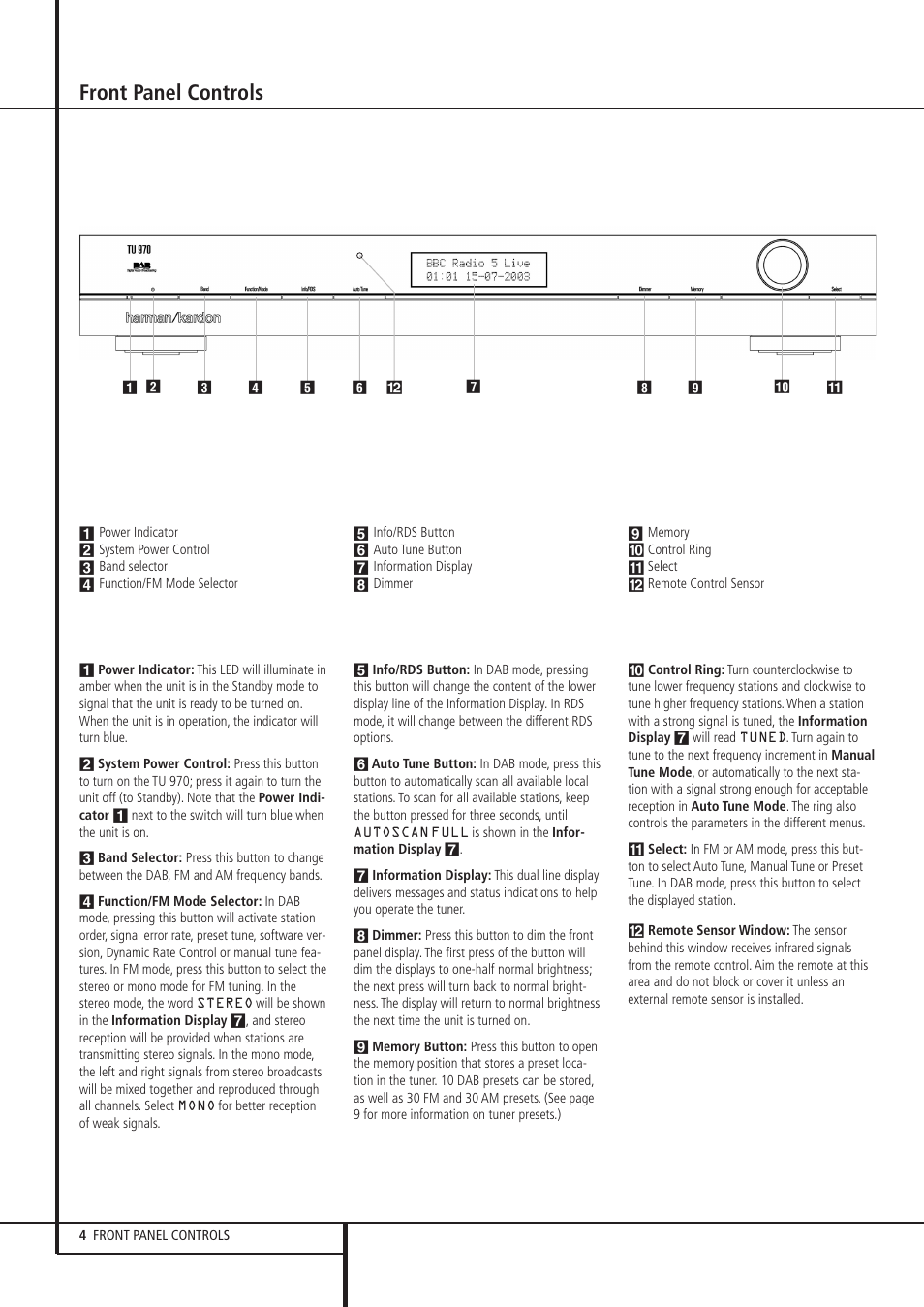 Front panel controls | Harman-Kardon TU 970 User Manual | Page 4 / 14