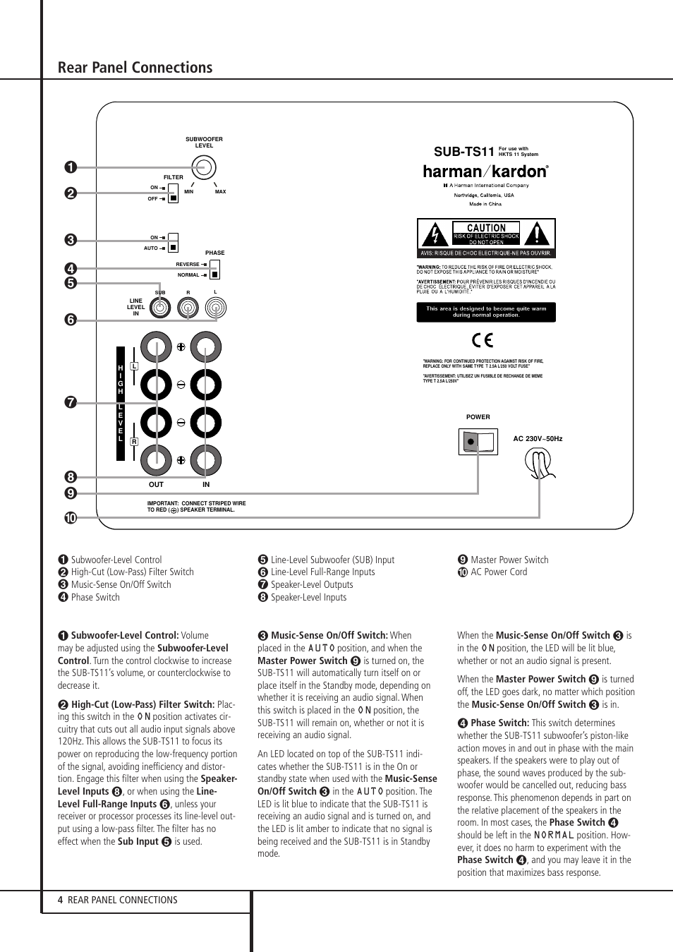 Rear panel connections, Sub-ts11 | Harman-Kardon HKTS 11 User Manual | Page 4 / 15