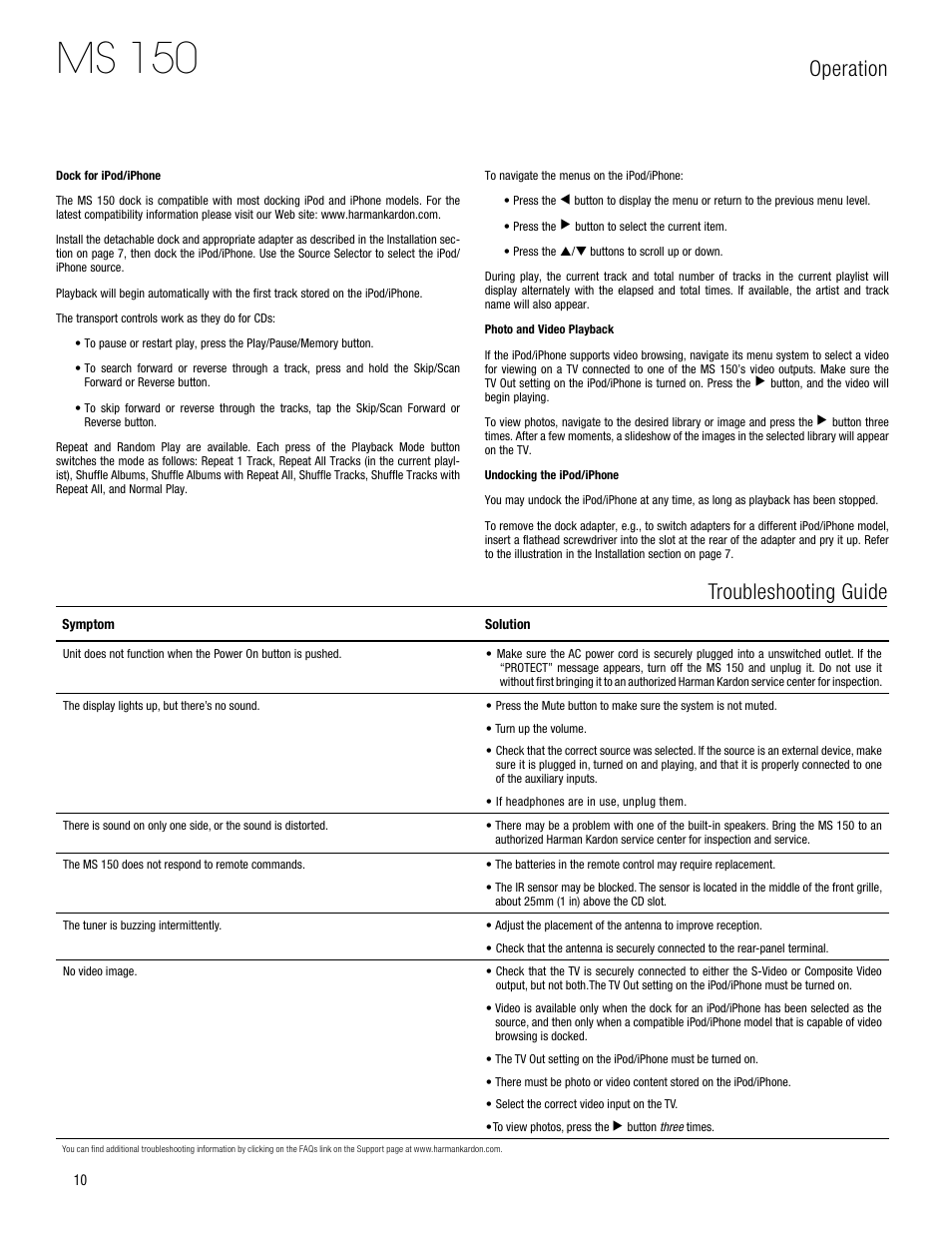 Ms 150, Operation troubleshooting guide | Harman-Kardon MS 150 User Manual | Page 10 / 12