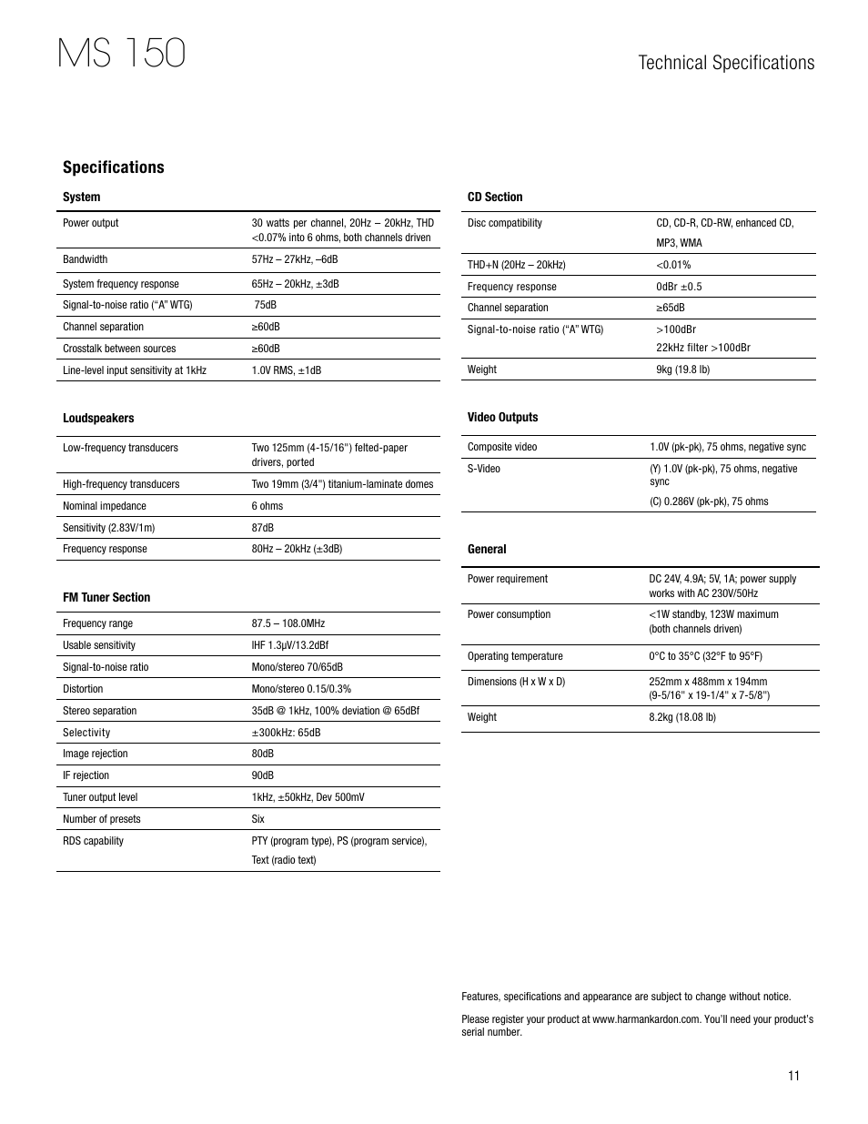 Ms 150, Technical specifications, Specifications | Harman-Kardon MS 150 User Manual | Page 11 / 12