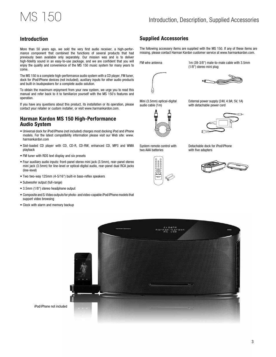 Ms 150, Introduction, description, supplied accessories, Introduction | Harman kardon ms 150 high-performance audio system, Supplied accessories | Harman-Kardon MS 150 User Manual | Page 3 / 12