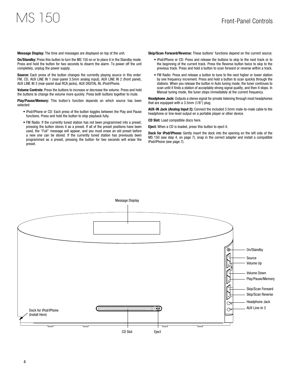 Ms 150, Front-panel controls | Harman-Kardon MS 150 User Manual | Page 4 / 12