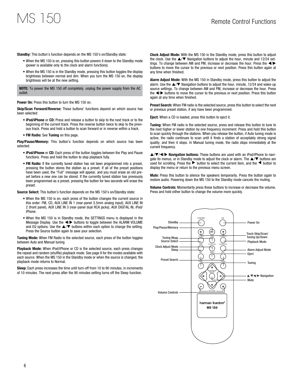 Ms 150, Remote control functions | Harman-Kardon MS 150 User Manual | Page 6 / 12