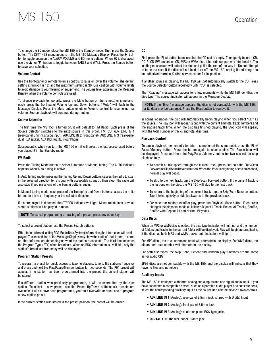 Ms 150, Operation | Harman-Kardon MS 150 User Manual | Page 9 / 12