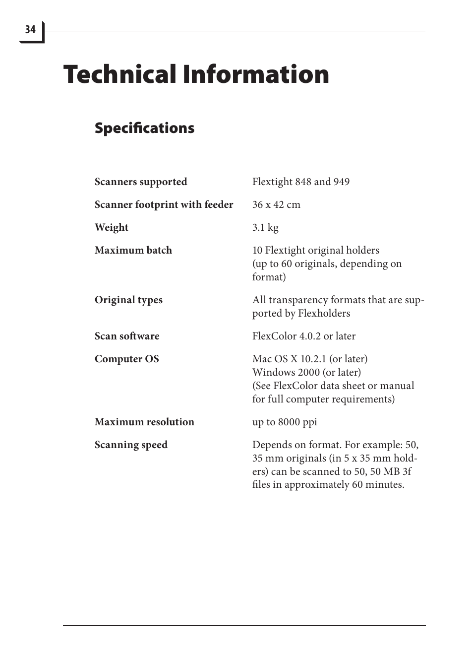 Technical information, Specifications | Hasselblad 848 User Manual | Page 34 / 36