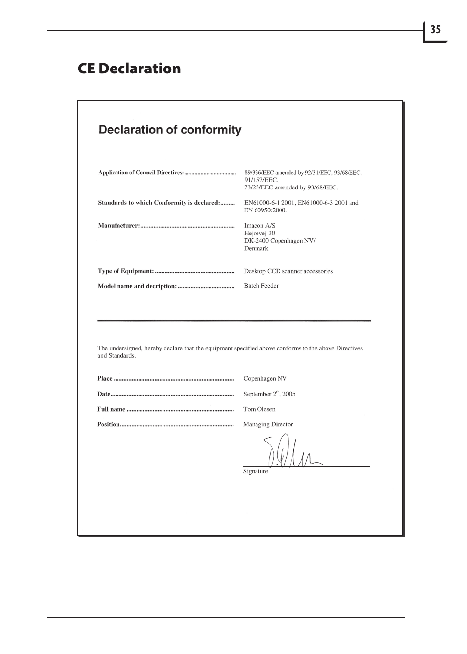 Ce declaration | Hasselblad 848 User Manual | Page 35 / 36