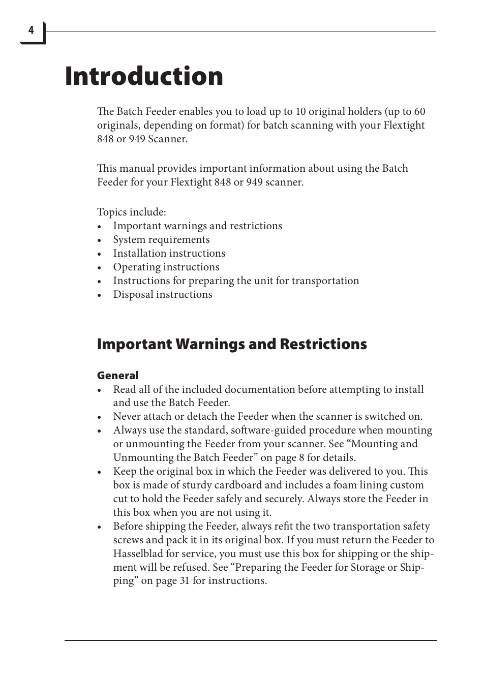 Introduction, Important warnings and restrictions | Hasselblad 848 User Manual | Page 4 / 36
