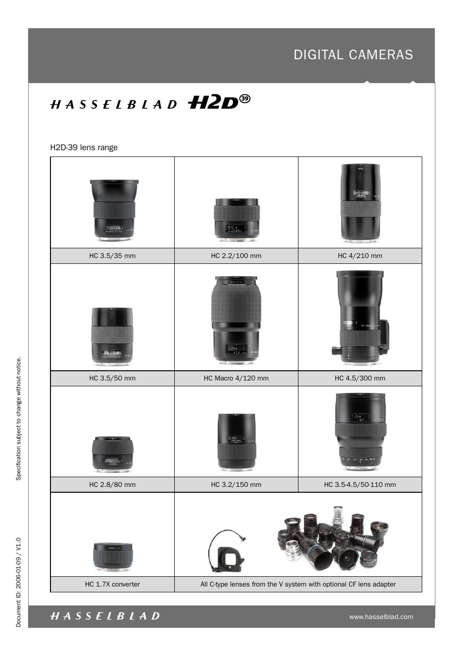 Digital cameras, H2d-39 lens range | Hasselblad H2D-39 User Manual | Page 4 / 4