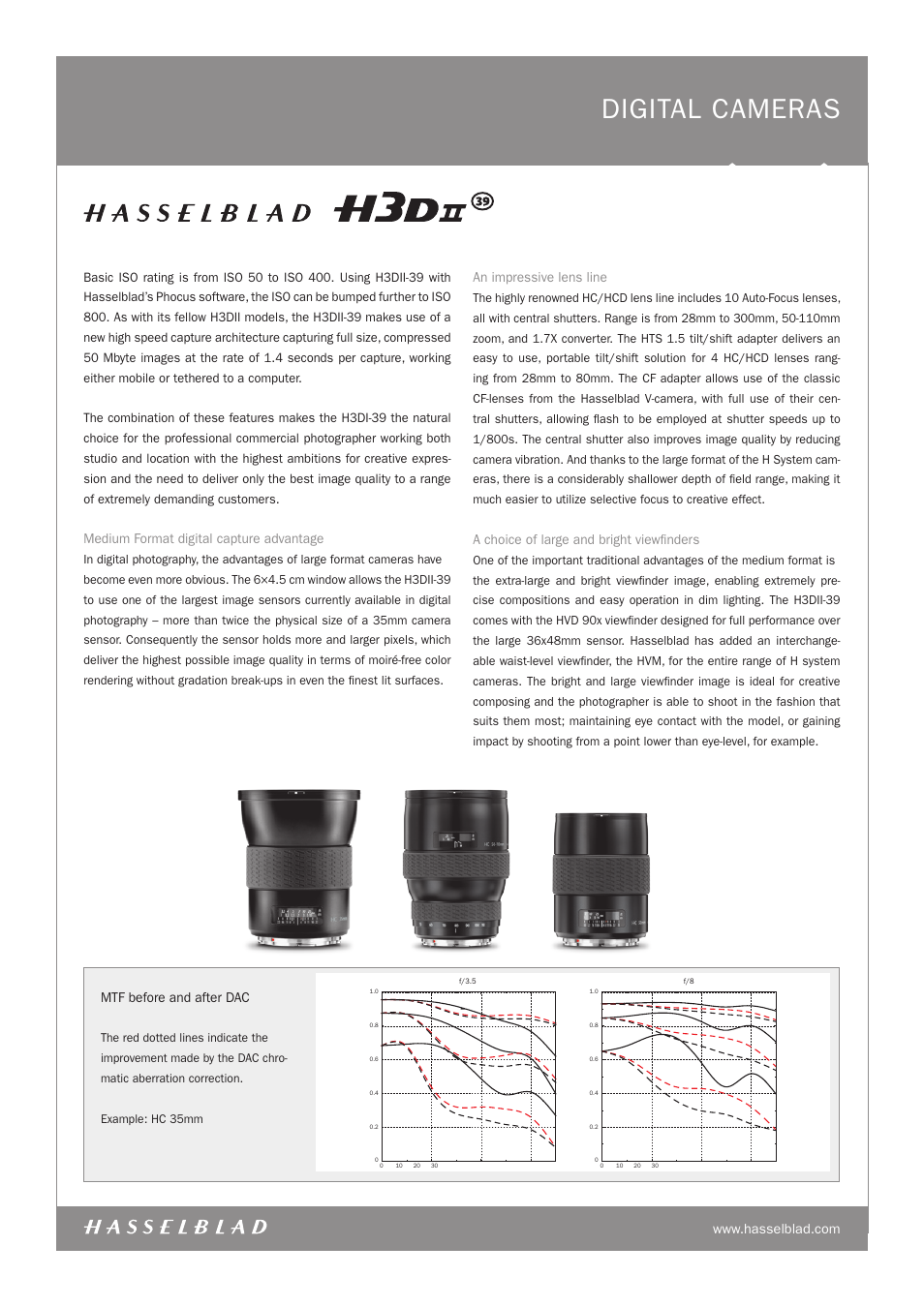 Digital cameras, Medium format digital capture advantage, An impressive lens line | A choice of large and bright viewfinders, Mtf before and after dac | Hasselblad H3DII User Manual | Page 2 / 8