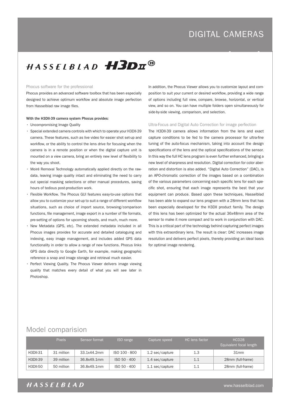 Digital cameras, Model comparision | Hasselblad H3DII User Manual | Page 3 / 8