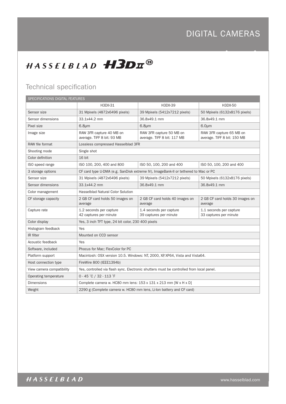 Digital cameras, Technical specification | Hasselblad H3DII User Manual | Page 5 / 8
