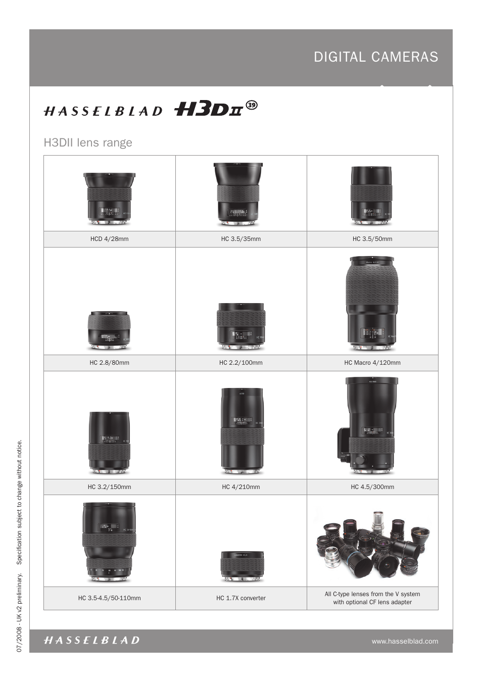 Digital cameras, H3dii lens range | Hasselblad H3DII User Manual | Page 8 / 8