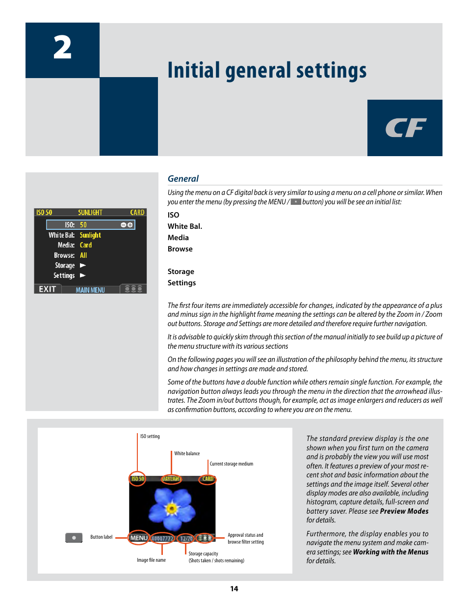 Initial general settings | Hasselblad CF22 CF39 User Manual | Page 14 / 65
