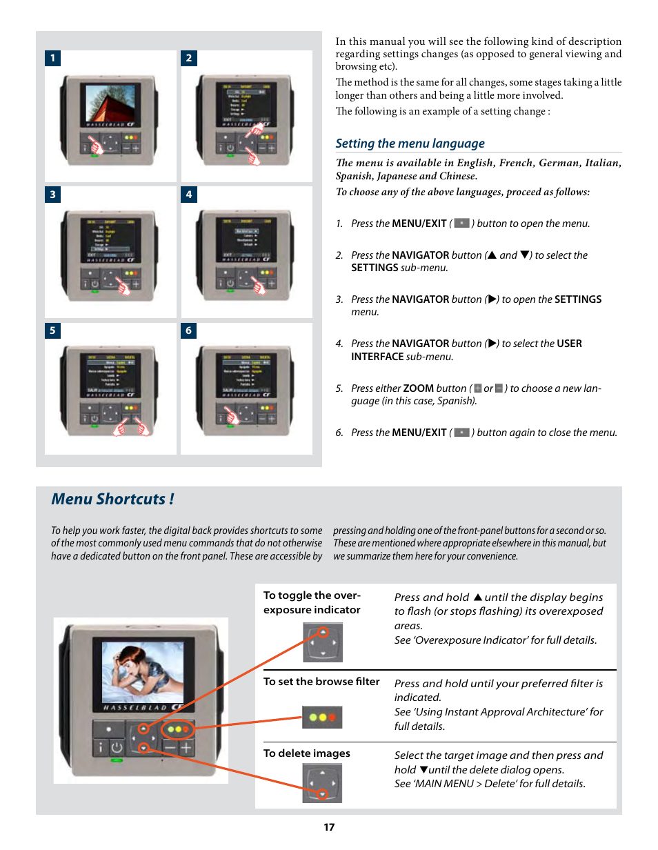 Menu shortcuts | Hasselblad CF22 CF39 User Manual | Page 17 / 65