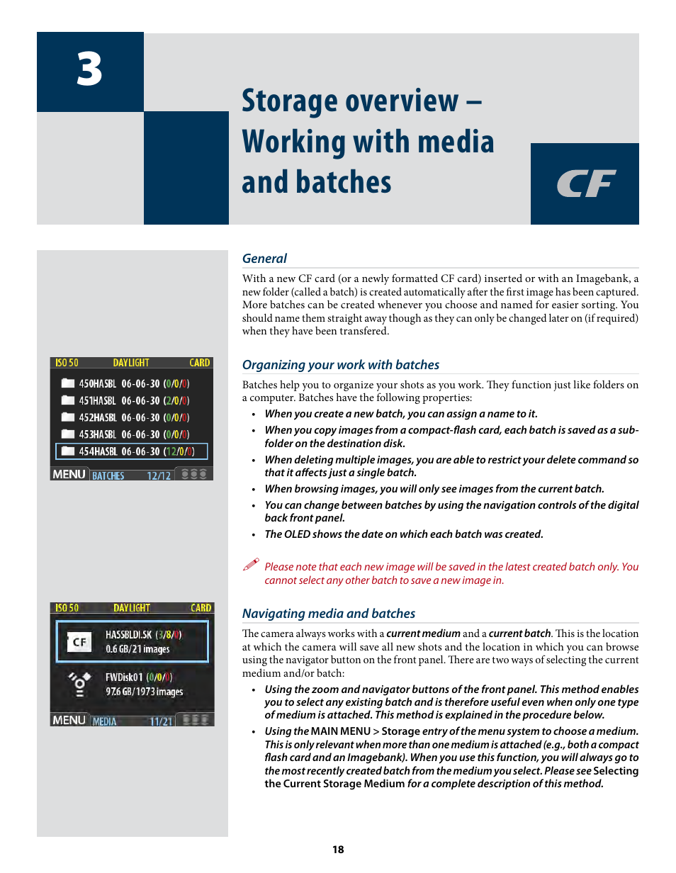 Storage overview – working with media and batches | Hasselblad CF22 CF39 User Manual | Page 18 / 65
