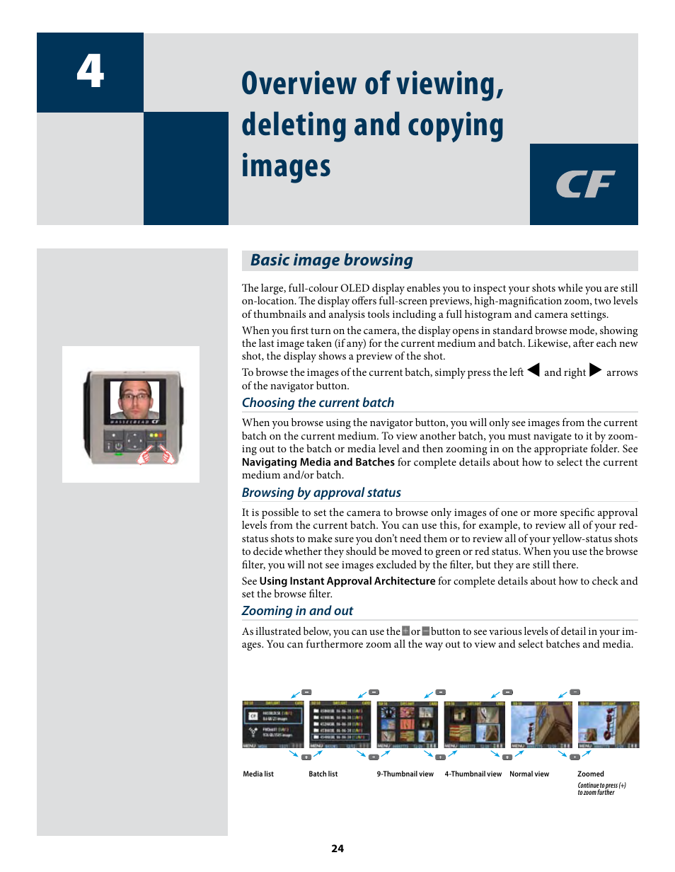 Overview of viewing, deleting and copying images, Basic image browsing | Hasselblad CF22 CF39 User Manual | Page 24 / 65
