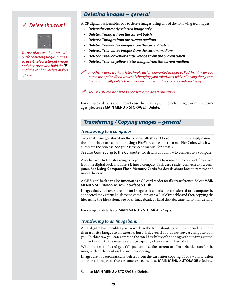 Deleting images − general, Transferring / copying images − general, Delete shortcut | Hasselblad CF22 CF39 User Manual | Page 29 / 65
