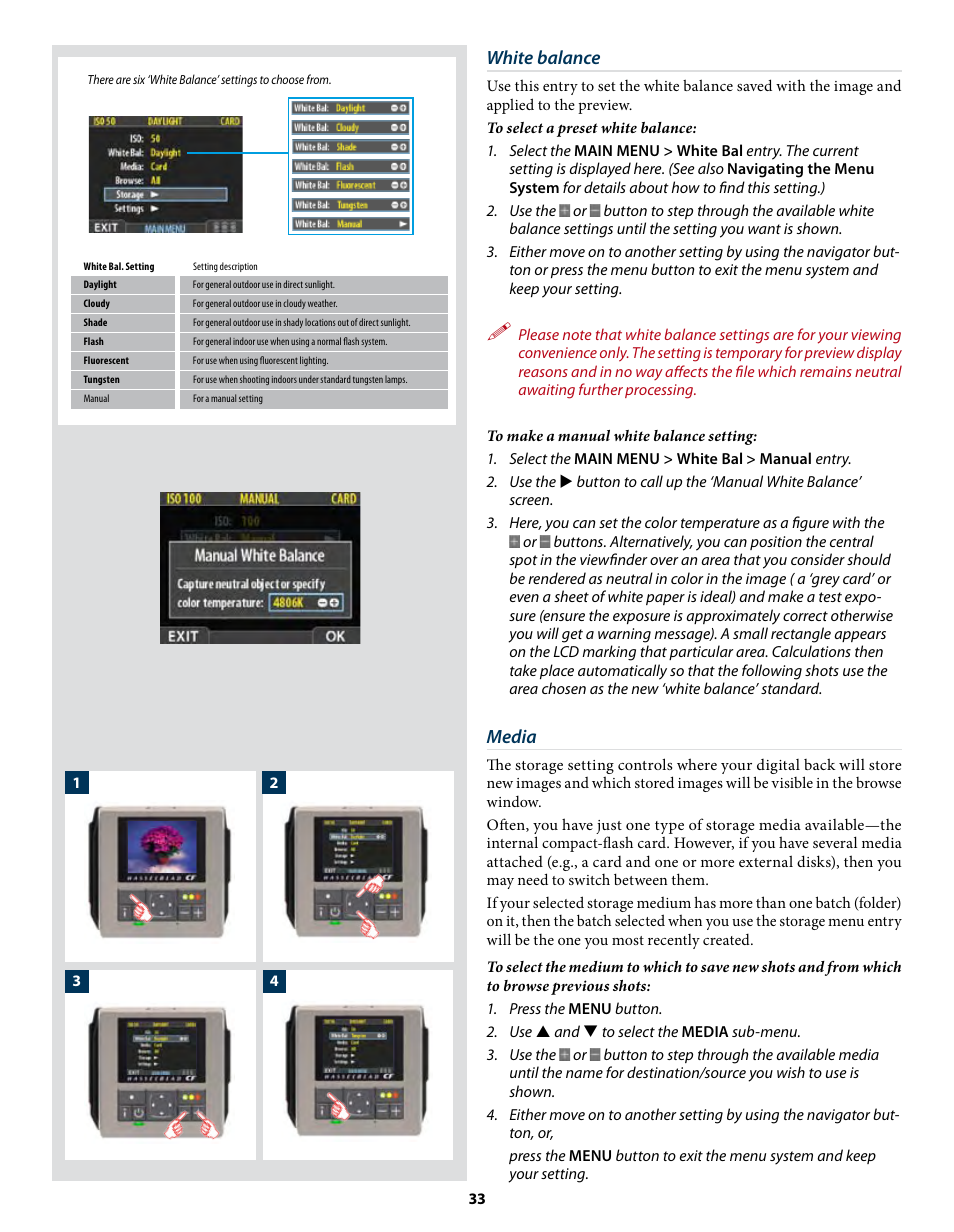 White balance, Media | Hasselblad CF22 CF39 User Manual | Page 33 / 65