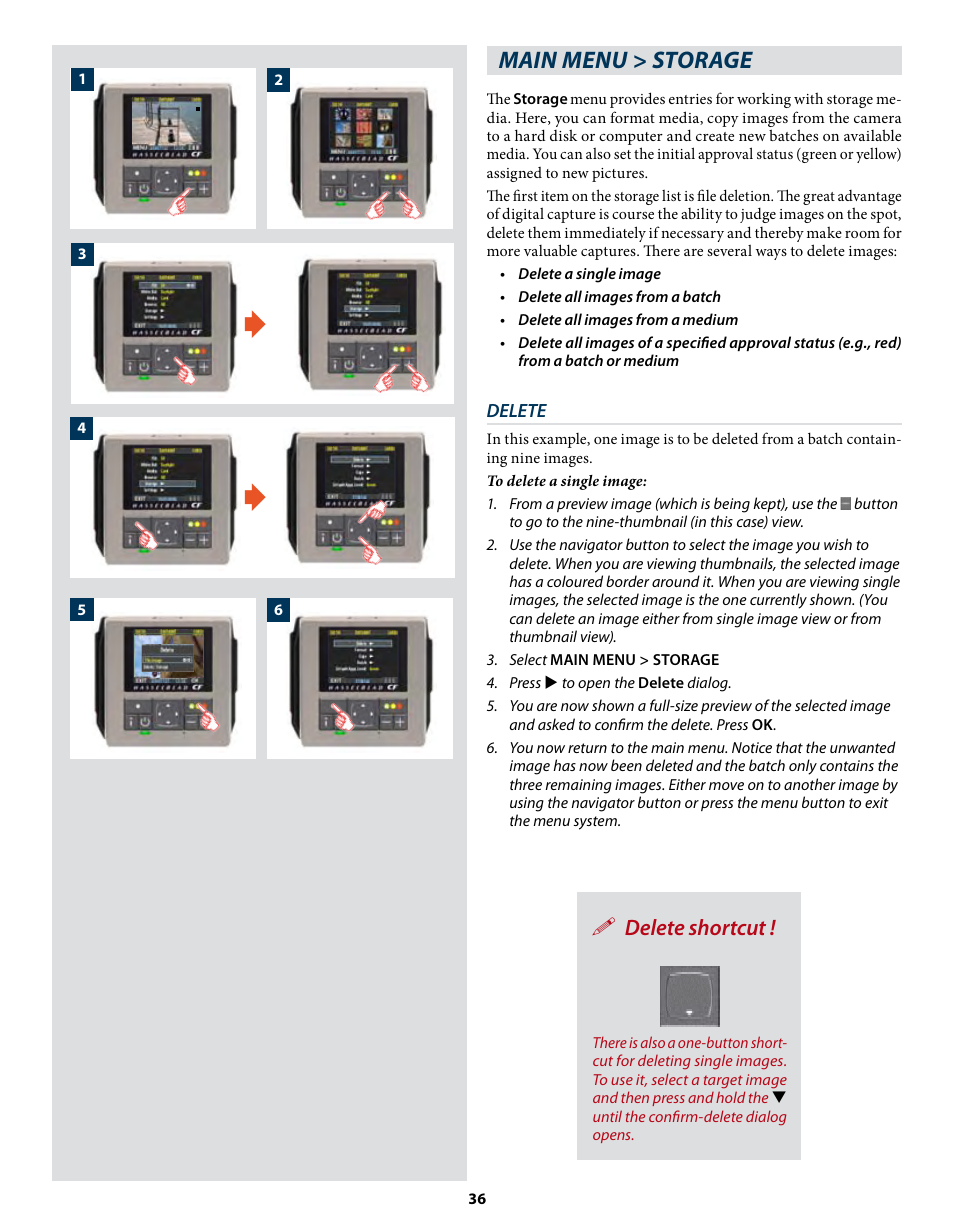 Main menu > storage, Delete shortcut | Hasselblad CF22 CF39 User Manual | Page 36 / 65