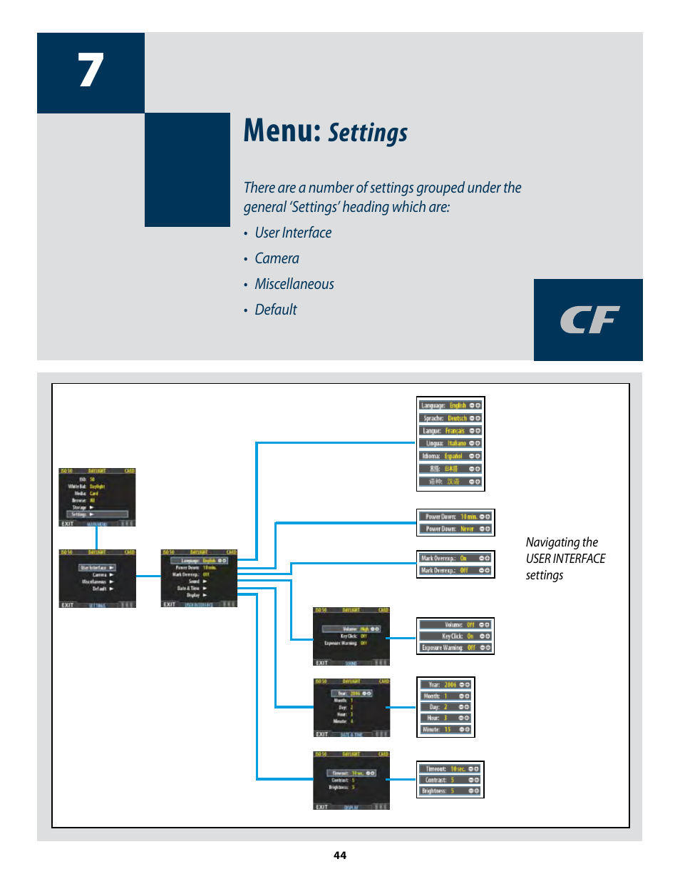 Menu, Settings | Hasselblad CF22 CF39 User Manual | Page 44 / 65