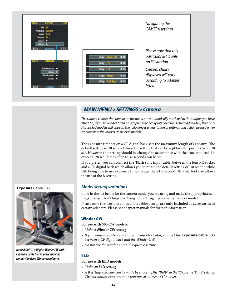 Main menu > settings > camera | Hasselblad CF22 CF39 User Manual | Page 47 / 65