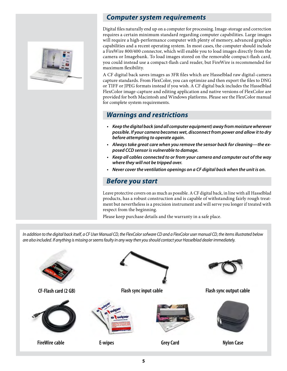 Computer system requirements, Warnings and restrictions, Before you start | Hasselblad CF22 CF39 User Manual | Page 5 / 65