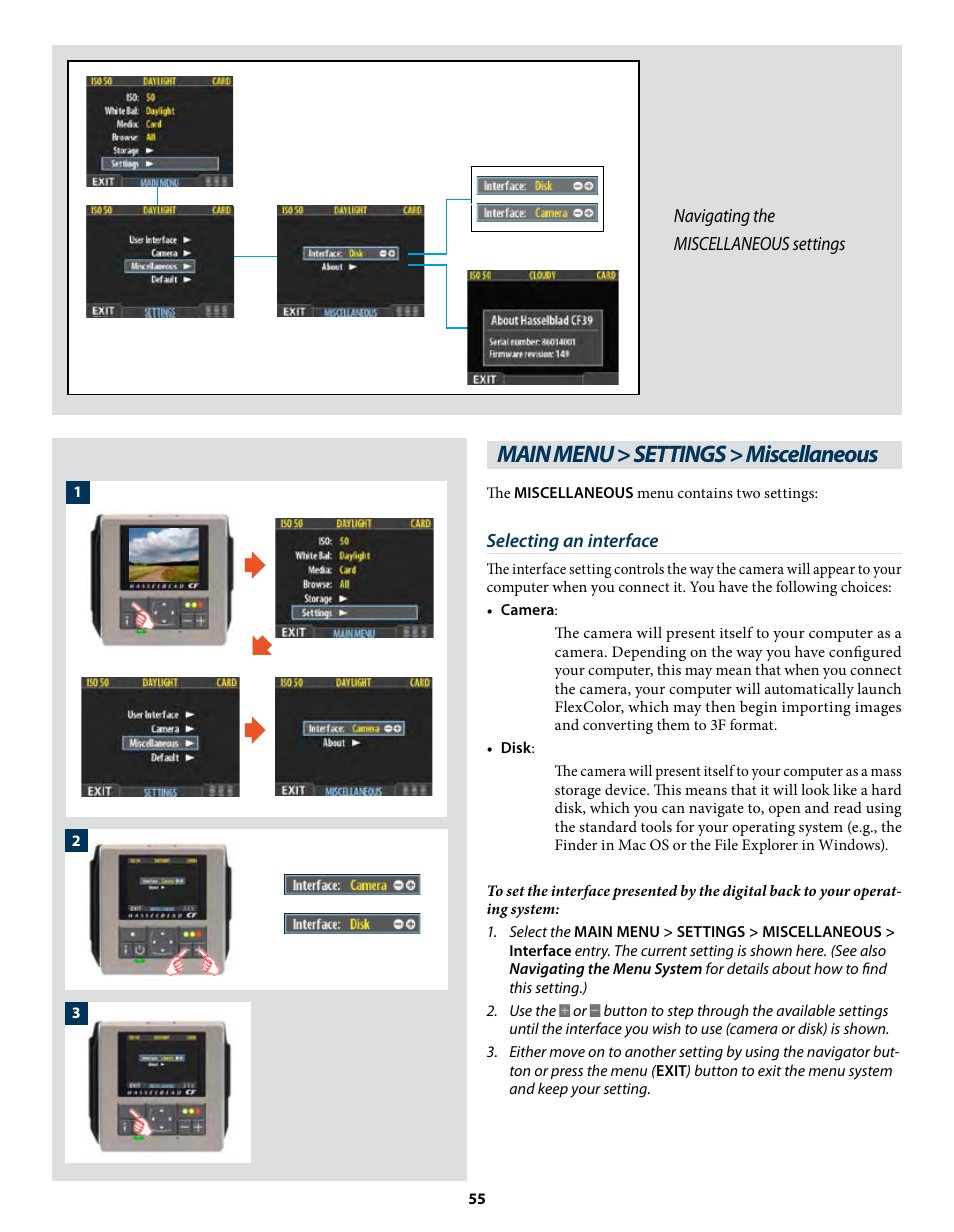 Main menu > settings > miscellaneous | Hasselblad CF22 CF39 User Manual | Page 55 / 65