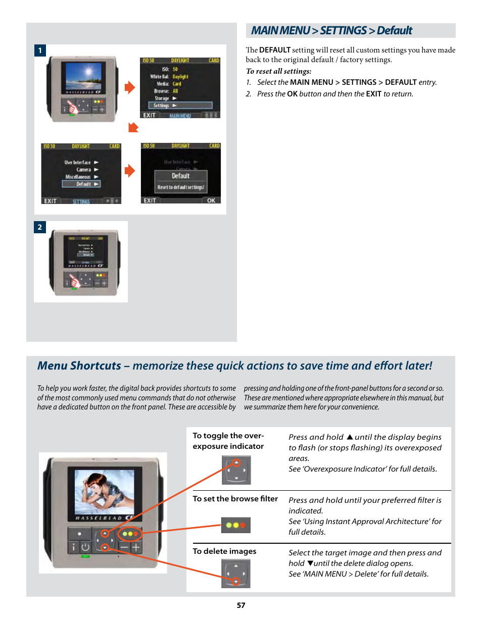 Main menu > settings > default | Hasselblad CF22 CF39 User Manual | Page 57 / 65