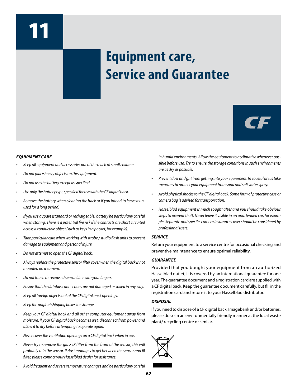 Equipment care, service and guarantee | Hasselblad CF22 CF39 User Manual | Page 62 / 65