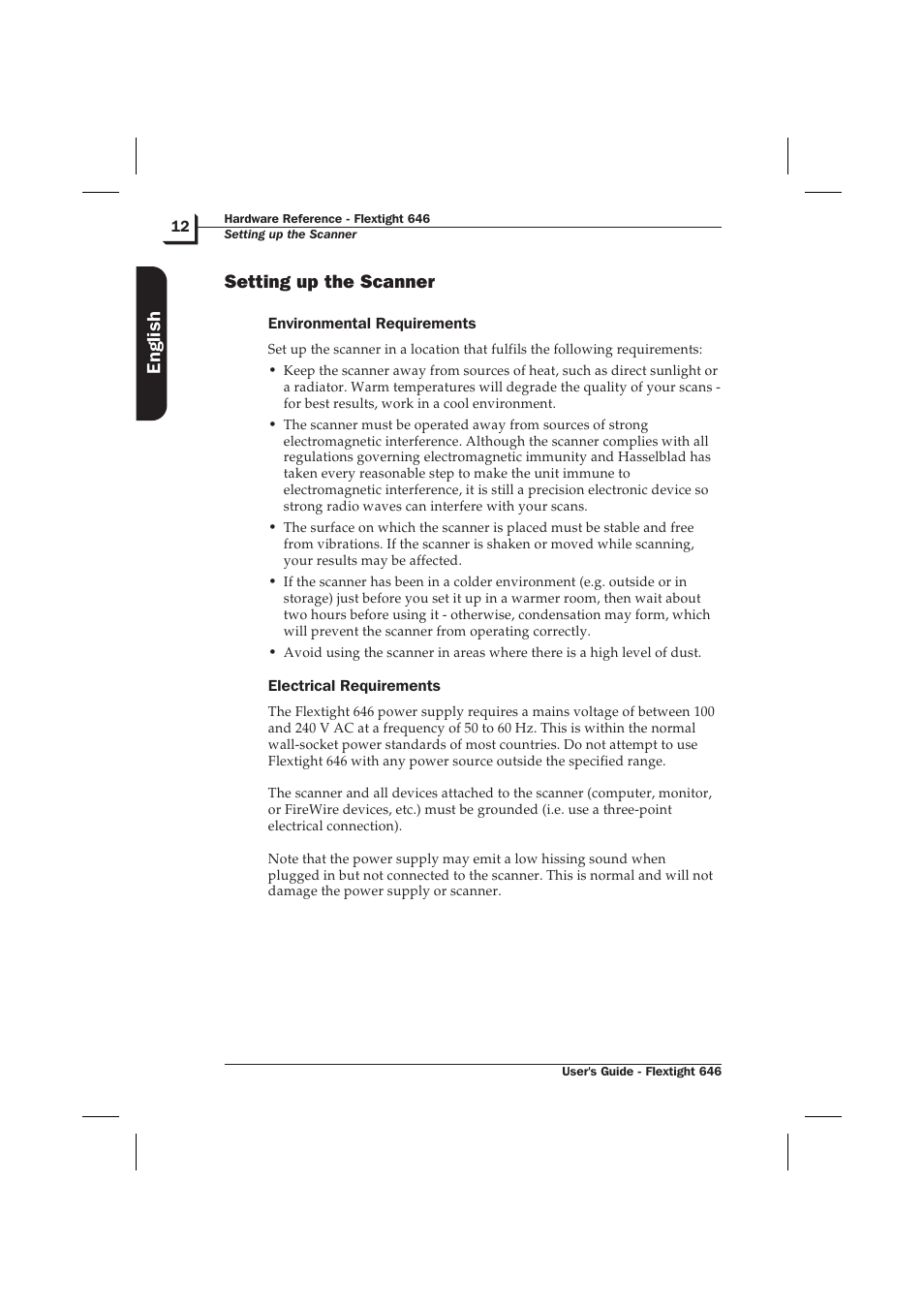 Setting up the scanner 12, Environmental requirements 12, Electrical requirements 12 | Setting up the scanner, English | Hasselblad Flextight 646 User Manual | Page 12 / 30