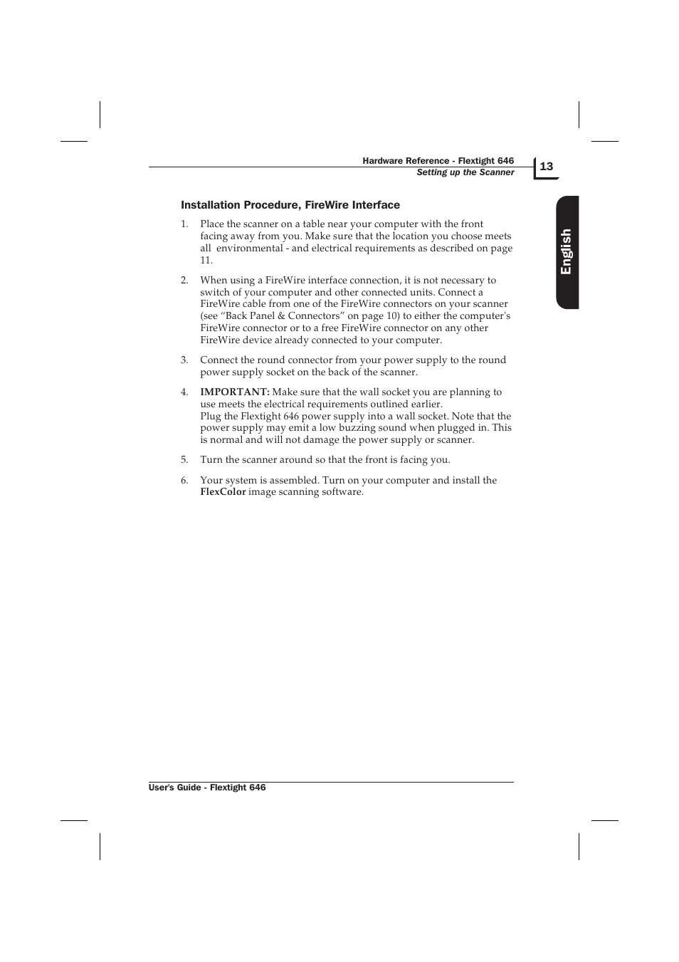 Installation procedure, firewire interface 13, English | Hasselblad Flextight 646 User Manual | Page 13 / 30