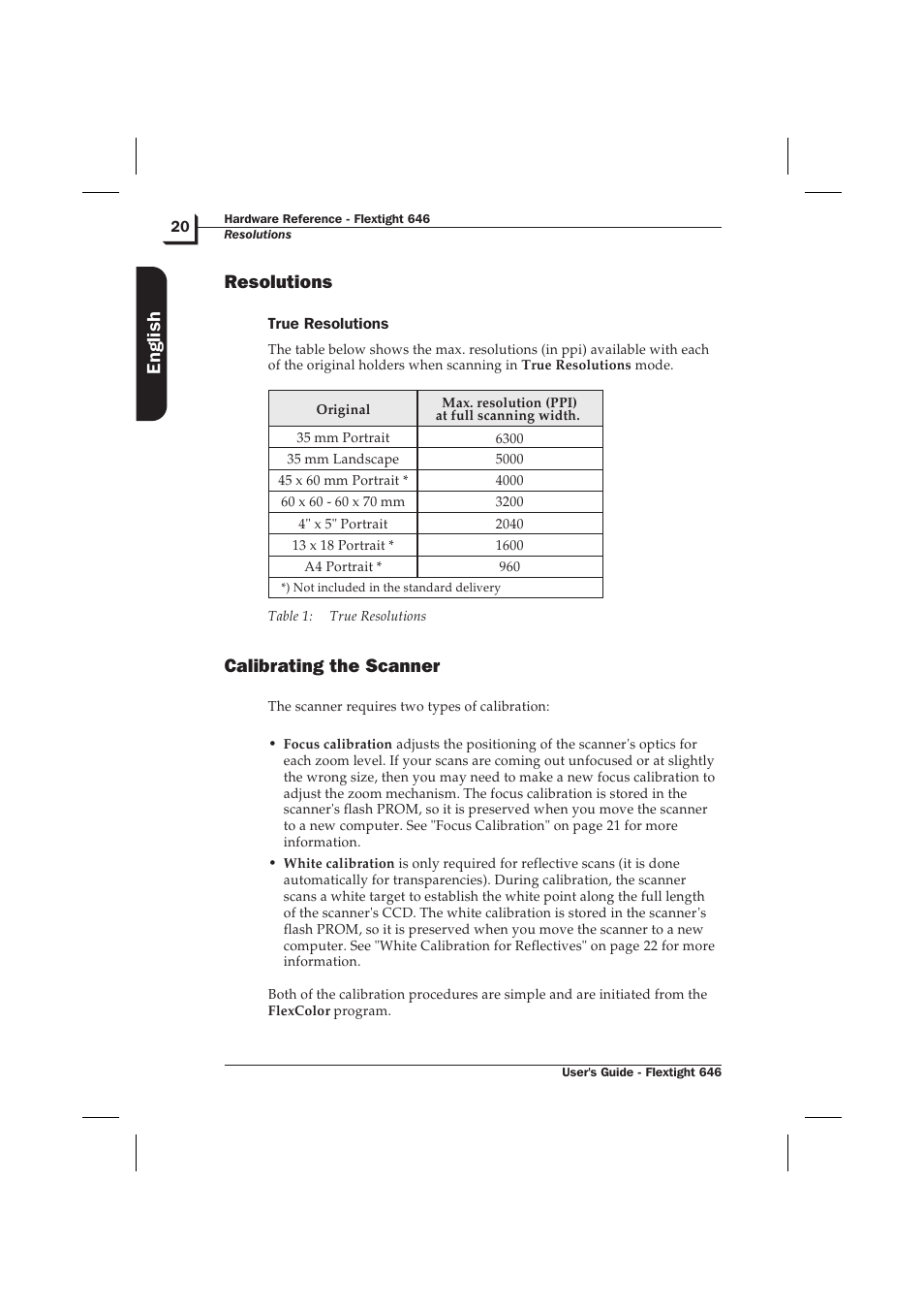 Resolutions 20, True resolutions 20, Calibrating the scanner 20 | Resolutions, Calibrating the scanner, English | Hasselblad Flextight 646 User Manual | Page 20 / 30
