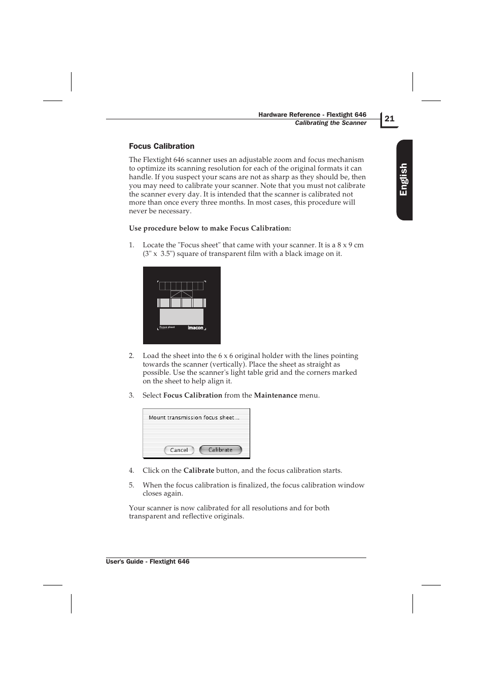 Focus calibration 21, English | Hasselblad Flextight 646 User Manual | Page 21 / 30