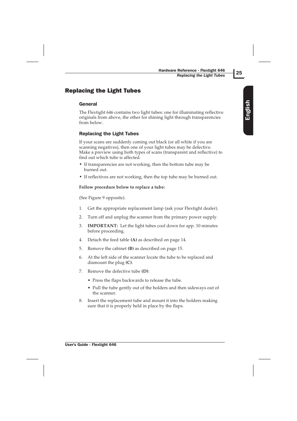 Replacing the light tubes 25, General 25, Replacing the light tubes | English | Hasselblad Flextight 646 User Manual | Page 25 / 30