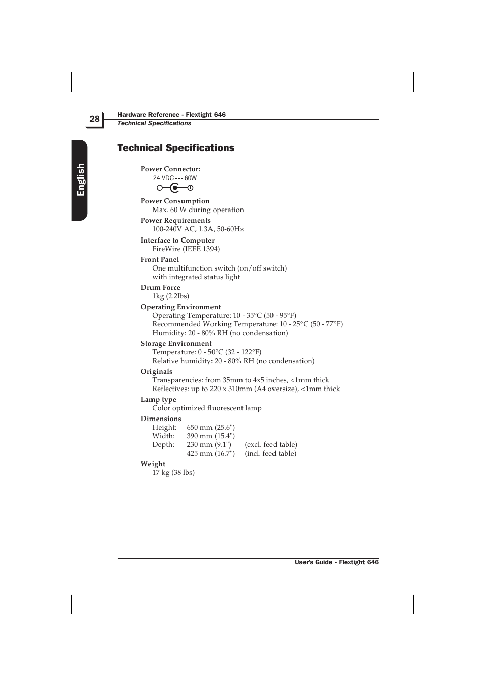 Technical specifications 28, Technical specifications, English | Hasselblad Flextight 646 User Manual | Page 28 / 30