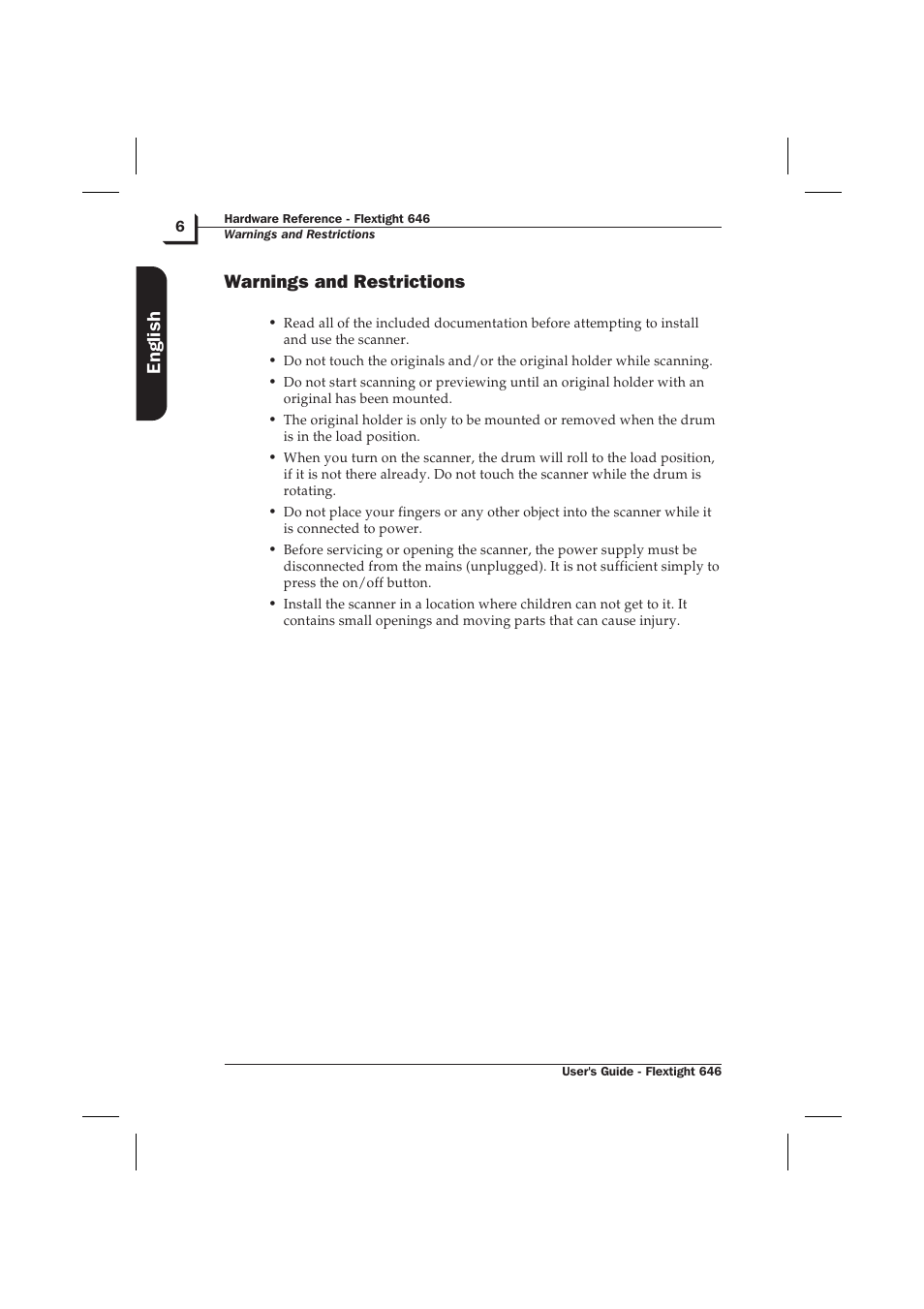Warnings and restrictions 6, Warnings and restrictions, English | Hasselblad Flextight 646 User Manual | Page 6 / 30